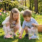 Personalised Beatrix Potter Peter Rabbit Wreath Transparent Tote Bag with Pink Bow and Name Eggs Hunting Party Easter Gift for Boys Girls