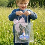 Personalised Beatrix Potter Peter Rabbit Wreath Transparent Tote Bag with Pink Bow and Name Eggs Hunting Party Easter Gift for Boys Girls