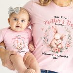 Personalised Cute Animal Mom Baby Floral Heart 100% Cotton T-shirt Baby Bodysuit with Name First Mother's Day Gift for Baby Mom