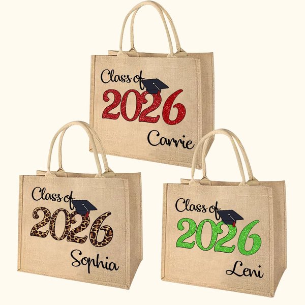Personalized Class of 2026 Large Capacity Graduation Jute Tote Bag with Year and Name Gift for Graduates