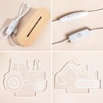 Veilleuse LED Réglable Personnalisée avec Design Tracteur Pelleteuse et Nom Socle en Bois Décoration Chambre Cadeau Naissance pour Garçon