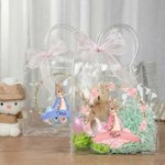 Personalised Beatrix Potter Peter Rabbit Wreath Transparent Tote Bag with Pink Bow and Name Eggs Hunting Party Easter Gift for Boys Girls