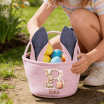 Personalizado lindo conejo de gran capacidad a rayas cesta de Pascua con orejas de conejo inicial y el nombre de los huevos de caza Fiesta de Pascua de regalo para los niños las niñas