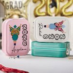 Personalisierte Geburt Blume Schmetterling Graduate Leder Schmuckkästchen mit LED Drei-Farben-Spiegel einstellbar Gratulation Graduation Geschenk für Frauen