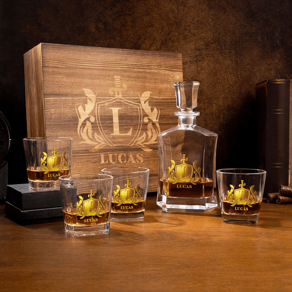 Personalised Golden Shield Initial Name Whiskey Decanter Birthday Father's Day Gift for Whiskey Lovers