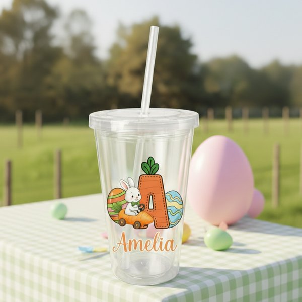 Personalized Easter Carrot Rabbit 16 oz Plastic Transparent Straw Cup with Name and Initial Easter Day Birthday Gift for Kids