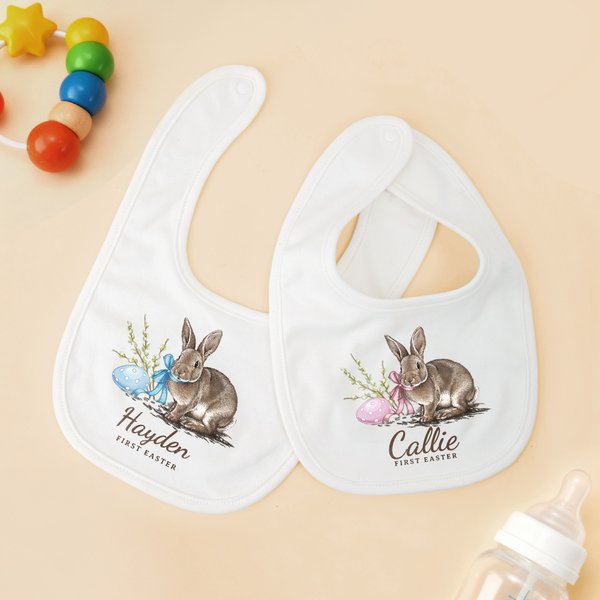 Personalisierte erste Osterhase Baby Lätzchen mit Namen und Osterei Baby Dusche Ostern Geschenk für Neugeborene