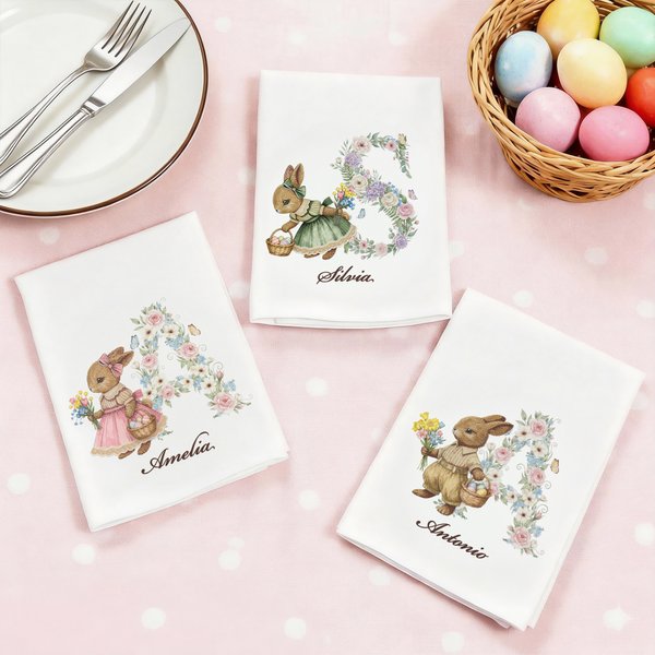 Tovagliolo pasquale personalizzato con nome e iniziale, coniglio vintage, 100% cotone, decorazione tavola - Regalo di Pasqua per famiglia