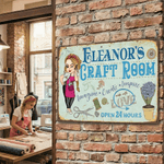 Letrero de metal personalizado con el nombre de un artesano Decoración de pared Regalo de inauguración de la casa Cumpleaños para mujeres amantes de la costura