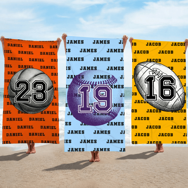 Personalised Retro Ball Sports Oversized Quick Dry Beach Towel with Name Summer Vacation Accessory Birthday Gift for Ball Sports Lovers Friends