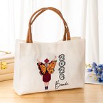 Personalised Birth Flower Butterfly Graduate Leather Handle Large Canvas Tote Bag  with Name and Year Congratulation Graduation Gift for Women