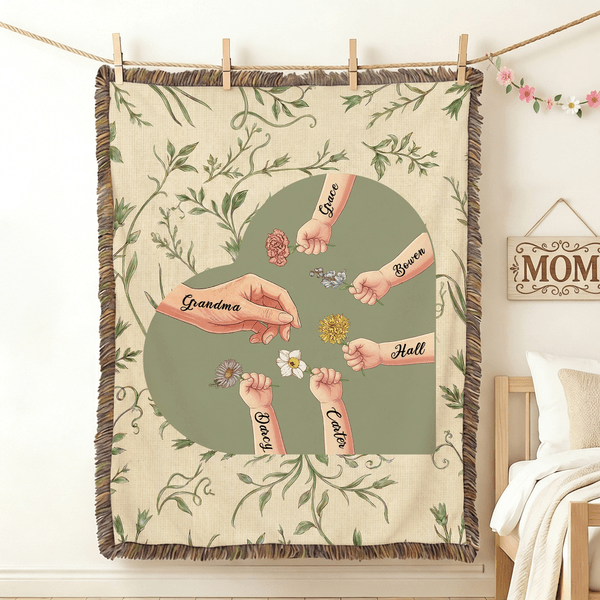 Personalized Hand Birth Flower Soft Tassel Throw Blanket with Name Home Decor Mother's Day Birthday Gift for Mom Grandma