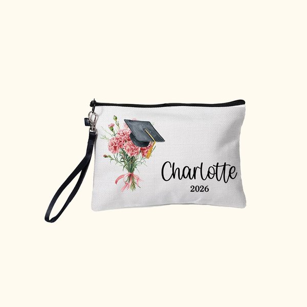 Nacimiento Personalizado Flor Graduación Gorra Bolsa de Maquillaje con Nombre Año y Muñeca Correa Graduación Keepsake Regalo para Graduados