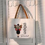 Personalised Birth Flower Butterfly Graduate Leather Handle Large Canvas Tote Bag  with Name and Year Congratulation Graduation Gift for Women