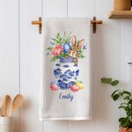 Personalized Cute Rabbit Blue and White Porcelain Pattern Easter Egg Tea Towel with Text Daily Use Easter Gift for Family Friends