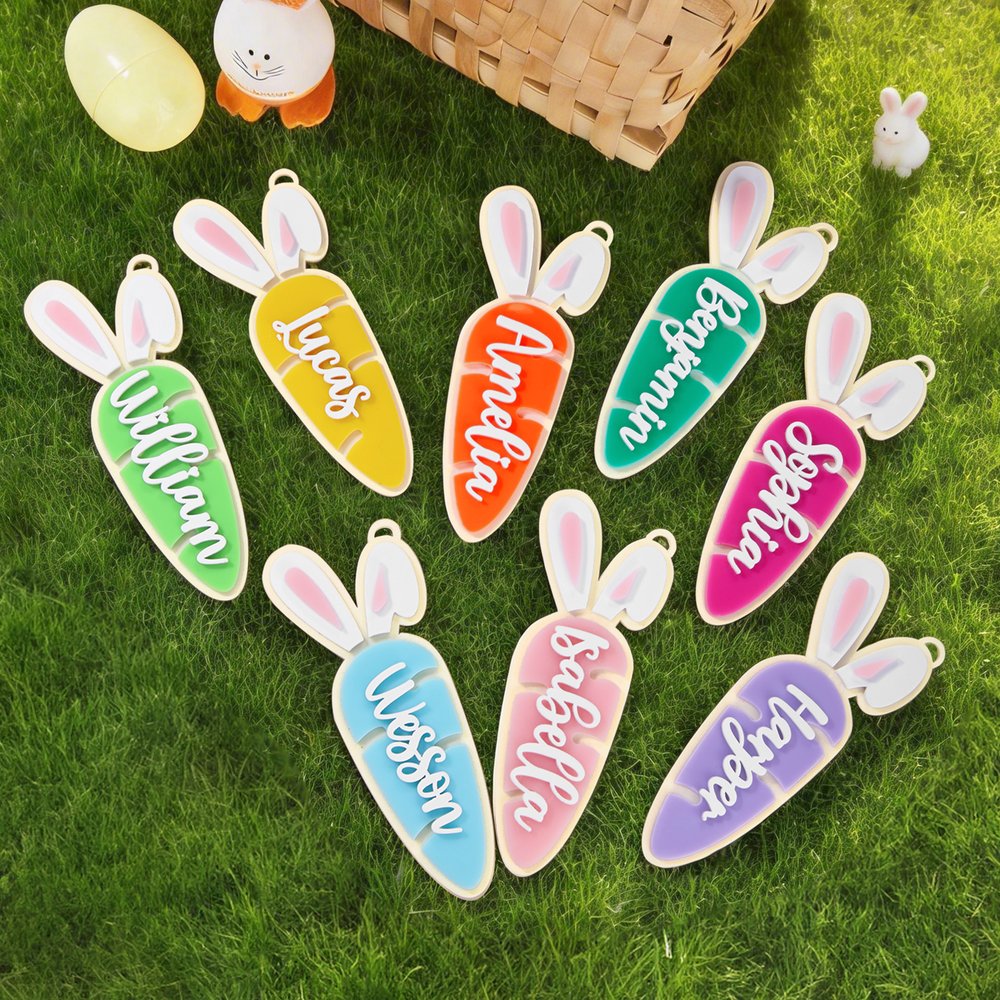 Personalizzato multicolore coniglietto orecchie carota cestino acrilico nome tag