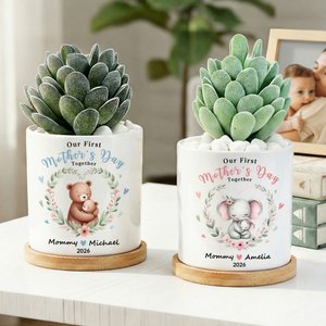 Personalised Floral Parent-Child Animal Ceramic Plant Pot with Bamboo Base Name and Year First Mother's Day Gift for Mom