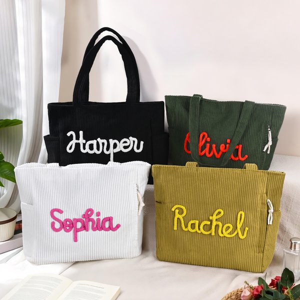 Personalized Multicolor Large Capacity Corduroy Tote Bag with Winding Name Travel Essential Birthday Gift for Women