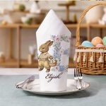 Personalized Vintage Watercolor Rabbit Floral Initial 100% Cotton Napkin with Name Table Decoration Easter Gift for Kids Family