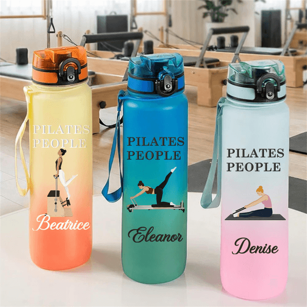 Personalised Cartoon Pilates Character Leakproof 32 oz Water Bottle with Name and Time Marker Sport Accessories Birthday Gift for Woman Pilates Lovers