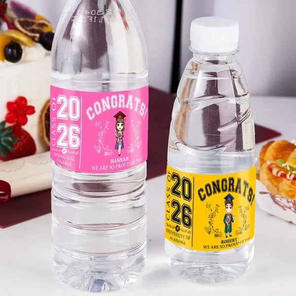 Personalized Class of 2026 Cartoon Graduate Water Bottle Label with Name School Year Graduation Party Gift for Graduates