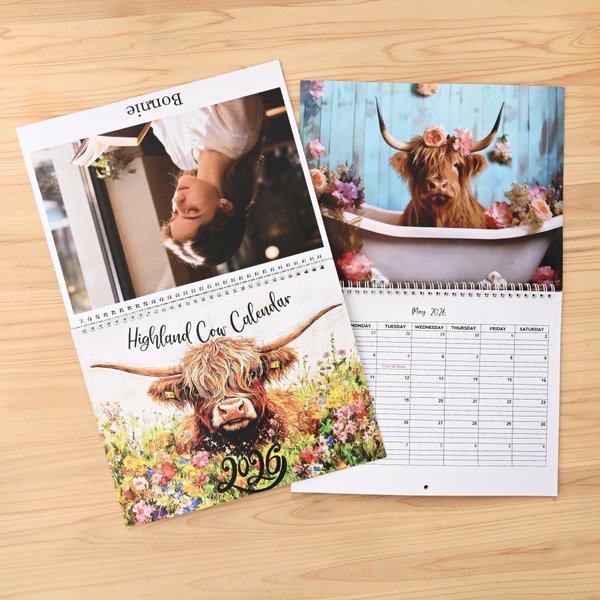 Personalized 1-4 Photos 2026 Floral Highland Cow Calendar with Text Anniversary Birthday Gift for Highland Cow Lovers