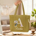 Sac en velours côtelé personnalisé avec fleur de naissance nom et initiale - Sac de grande capacité - Cadeau d'anniversaire pour elle