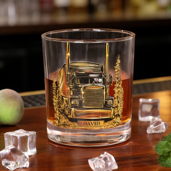 Personalised Lorry Pattern 10 oz Whiskey Glass with Name Daily Drinking Birthday Gift for Lorry Driver Husband