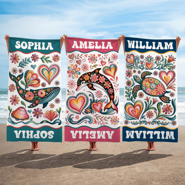 Gepersonaliseerd Oceaanwezens Patroon Oversized Snel Droog Strandlaken met Naam Strand Accessoires Verjaardagscadeau voor Vrienden Familie