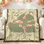 Personalized Hand Birth Flower Soft Tassel Throw Blanket with Name Home Decor Mother's Day Birthday Gift for Mom Grandma