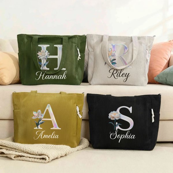 Personalized Pearl Effect Birth Flower Corduroy Large Capacity Tote Bag with Name and Initial Daily Use Birthday Gift for Her
