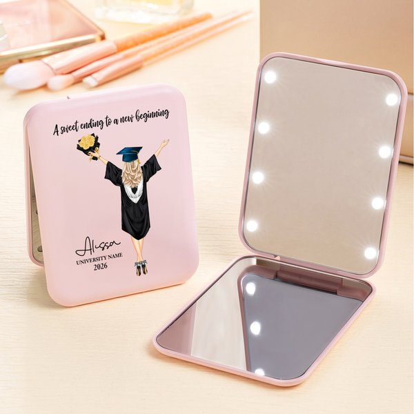 Personalised Cartoon Graduation Character Name Double-Sided Makeup Mirror with LED Light Birthday Bridesmaid Gift for Graduates
