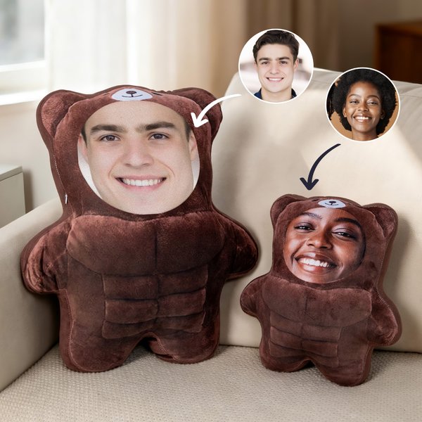 Personalized Funny Face Photo Design Muscle Bear Plush Toy Pillow Home Decor Anniversary Gift for Couple Friend