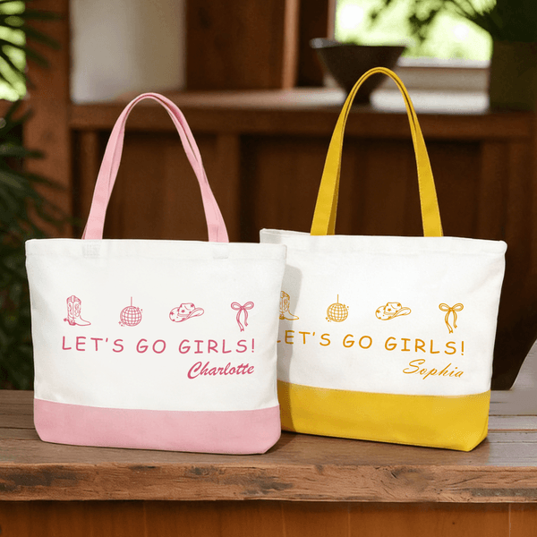 Henkilökohtainen Let's Go Girls Suuri kapasiteetti Kangaskassi nimi Päivittäinen käyttö Tytöt Matka Bachelorette Party lahja tyttö Morsiusneito