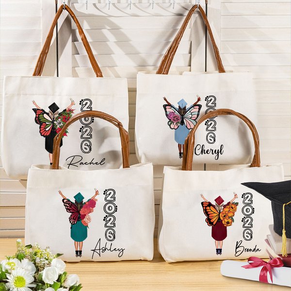 Personalizzato Fiore di nascita Farfalla Laureato Maniglia in pelle Grande Borsa Tote in tela con nome e anno Regalo di laurea di congratulazione per le donne
