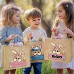 Gepersonaliseerde Schattige Paashaas met Strik of Hoed Grote Juten Tas met Naam voor Paaseieren Zoeken Paascadeau voor Jongens en Meisjes