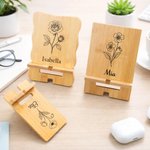 Gepersonaliseerde Bamboe Telefoon- en iPad-houder met Geboortebloem en Naam Draagbare en Afneembare Bureau Organizer Verjaardagscadeau voor Vrouwen