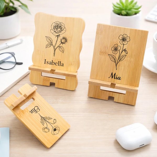 Gepersonaliseerde Bamboe Telefoon- en iPad-houder met Geboortebloem en Naam Draagbare en Afneembare Bureau Organizer Verjaardagscadeau voor Vrouwen