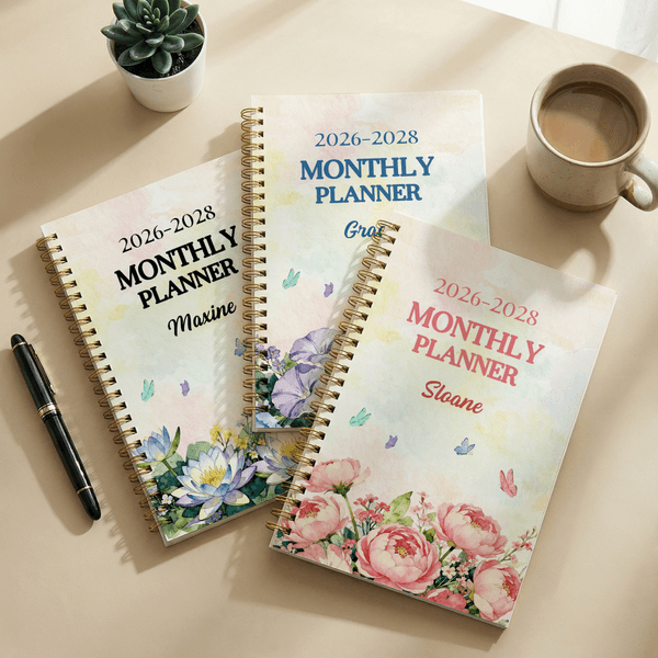 Personalized Birth Flower Butterfly 2026-2028 Planner A5 Spiral Notebook with Name and Monthly Planner Pages Birthday Gift for Women