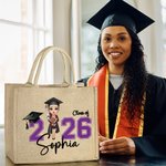 Personalized Cartoon Graduate Character Large Jute Tote Bag with Name Travel Essentials Graduation Gift for Women Men