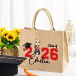 Personalized Cartoon Graduate Character Large Jute Tote Bag with Name Travel Essentials Graduation Gift for Women Men