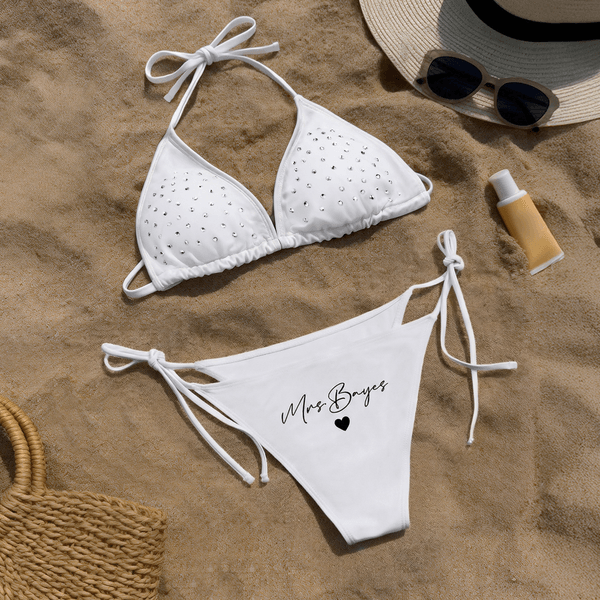 Gepersonaliseerd Wit Glitter Bergkristal Driehoek Bikini Zwempak met Naam Strand Vakantie Huwelijksreis Cadeau voor Bruid