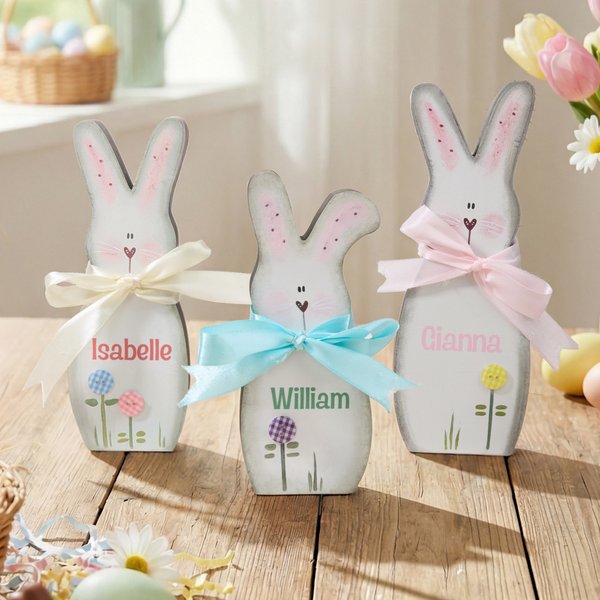 Personalised Cute Easter Bunny Wooden Ornament with Name Tabletop Decor Easter Party Gift for Family Kids