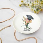 Personalized Birth Flower Bouquet Graduation Cap Ceramic Jewellery Dish with Name and Year Graduation Gift for Her