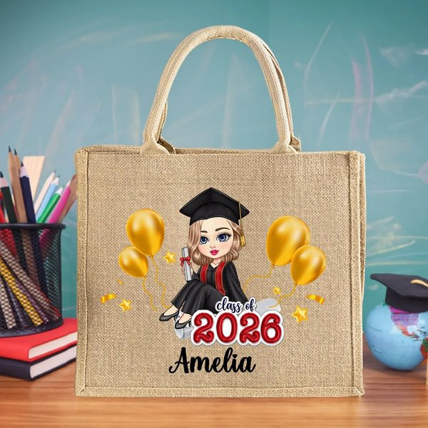 Personalized Cartoon Graduate Character Large Jute Tote Bag with Name Graduation Birthday Gift for Women Girls
