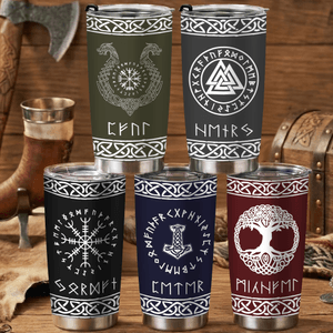 Personalized Multicolor Viking Runes Norse Mythology Insulated 20 oz Tumbler with Name Travel Daily Use Birthday Gift for Men