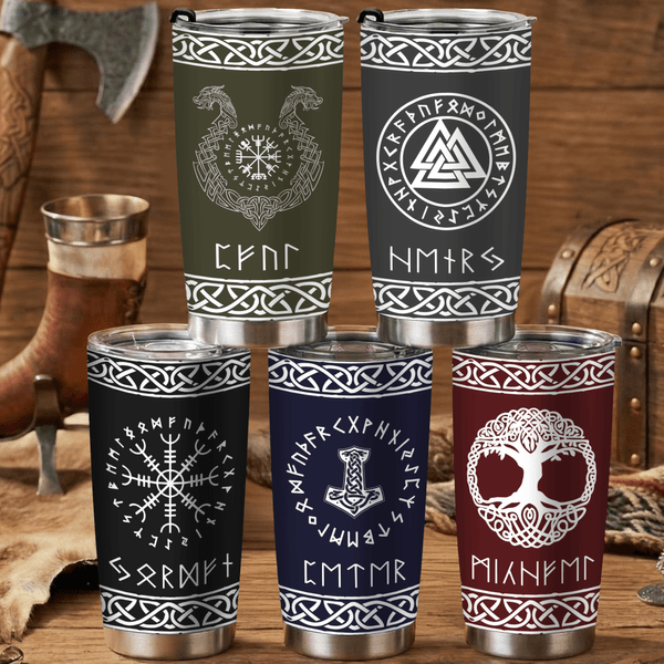 Personalized Multicolor Viking Runes Norse Mythology Insulated 20 oz Tumbler with Name Travel Daily Use Birthday Gift for Men