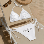 Gepersonaliseerd Wit Glitter Bergkristal Driehoek Bikini Zwempak met Naam Strand Vakantie Huwelijksreis Cadeau voor Bruid