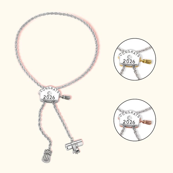 Personalisierte Congrats Graduation Cap Bolo Birthstone verstellbare Armband mit eingraviertem Jahr und Quasten Diplom-Klasse von 2026 Geschenk für Absolventen