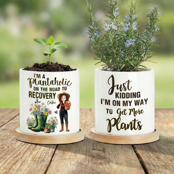 Personalised Birth Flower Cartoon Character Ceramic Plant Pot with Name and Bamboo Base Garden Home Decor Birthday Gift for Gardening Lovers Family